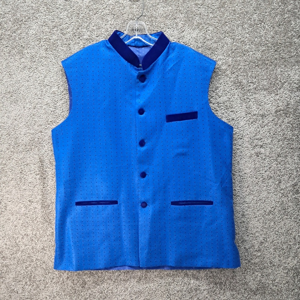 Mens Royal Blue Nehru Vest Mandarin Collar Velvet Trim Geometric Textured